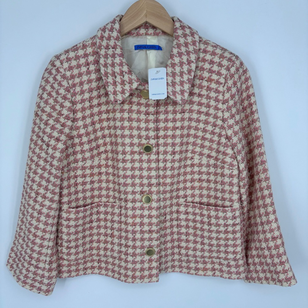 J.McLaughlin Violette Jacket Womens S White Pink Houndstooth Tweed Blazer NWT